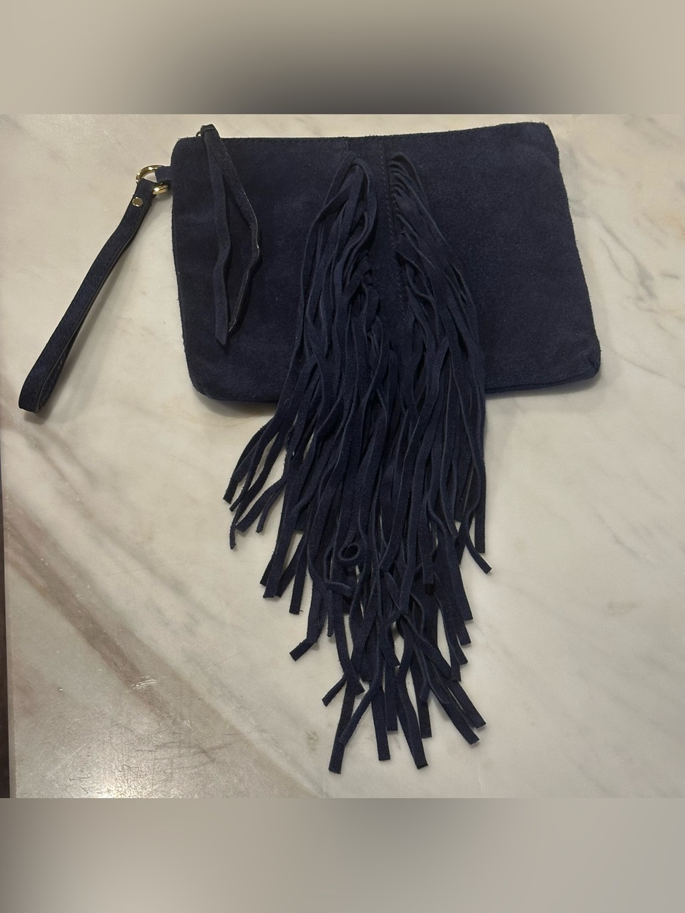 Banana Republic Navy Blue Suede Fringe Wristlet Clutch Boho Retro~Y2K Festival